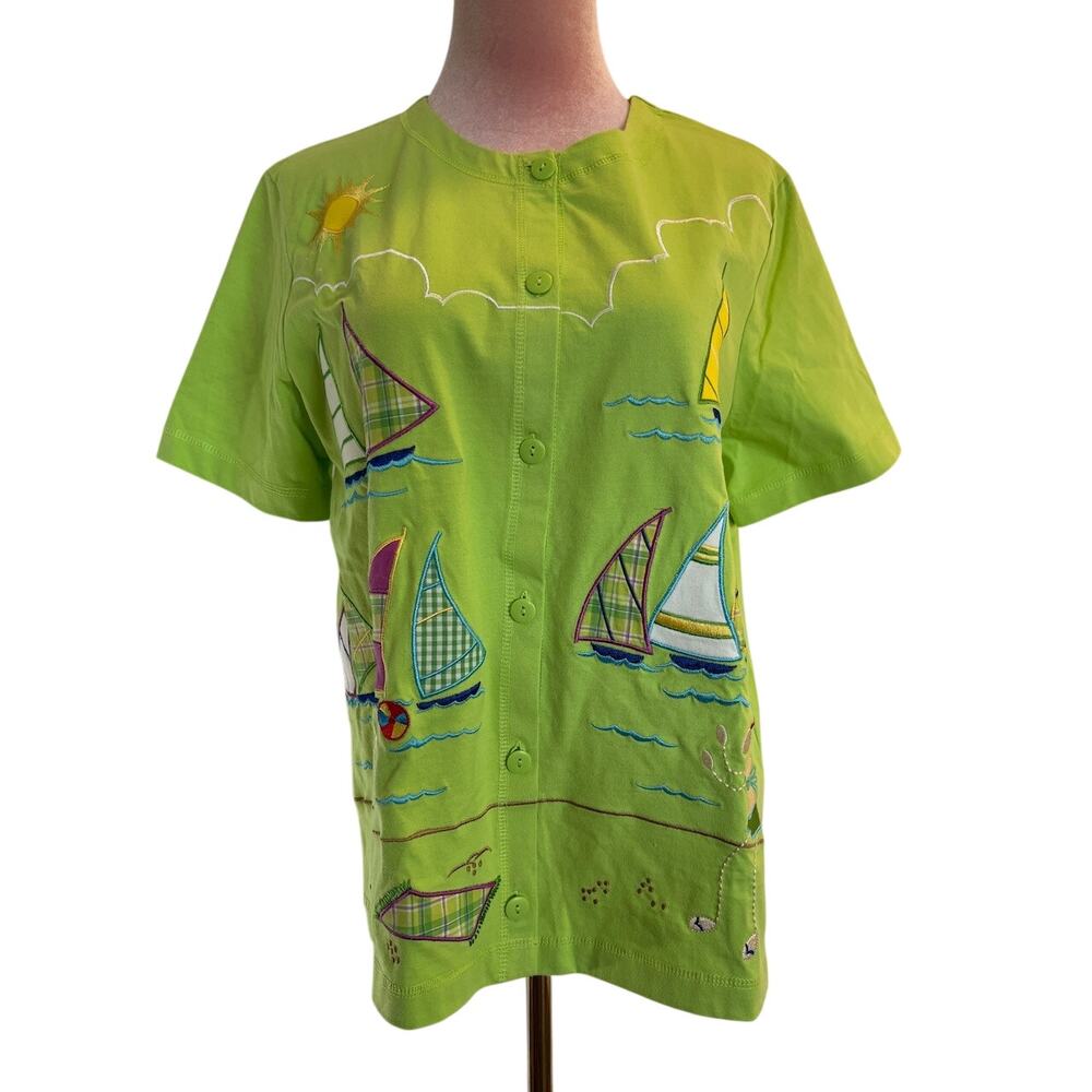 NWT VTG Onque Casuals 100% Cotton S/S Top Button Close Embroidery Appliques M S